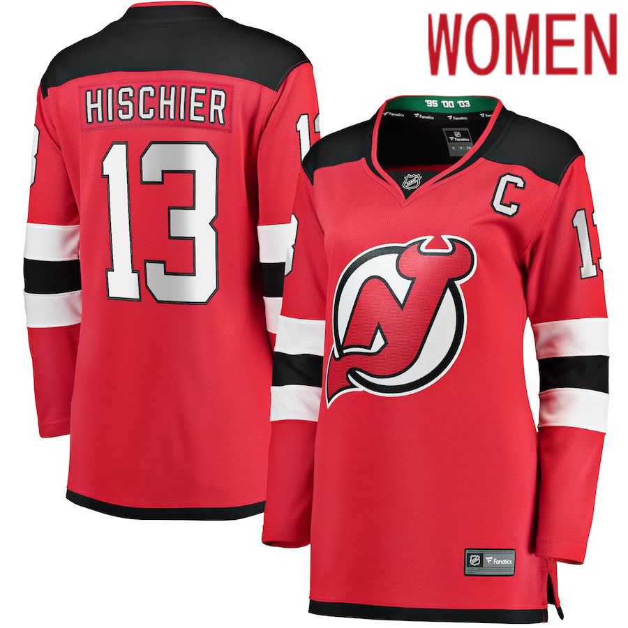Women New Jersey Devils 13 Nico Hischier Fanatics Branded Red Captain Patch Home Breakaway NHL Jersey